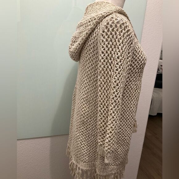 J.Jill‎ Crochet Open Knit Beachy Cardigan Cover Up Fringe Hooded Beige Sz XS - Picture 4 of 6